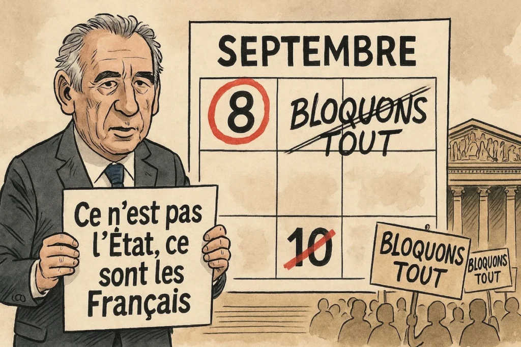 François Bayrou entourant la date du 8 septembre sur un calendrier, pendant que la date du 10 marqué « Bloquons tout » s’efface.