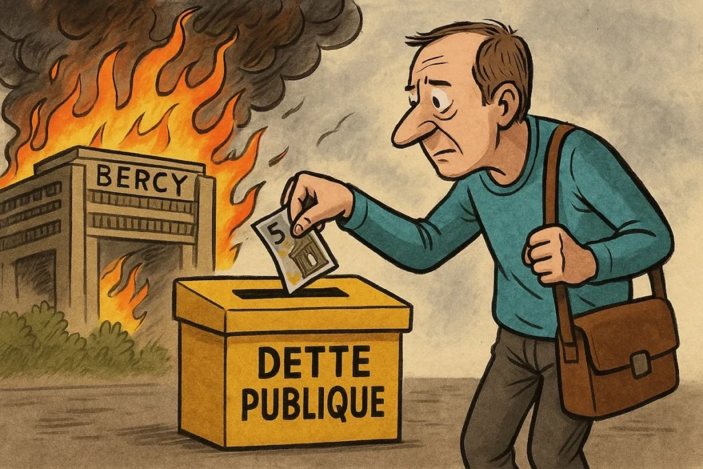 Un Français tend un billet à Bercy pour aider à rembourser la dette.