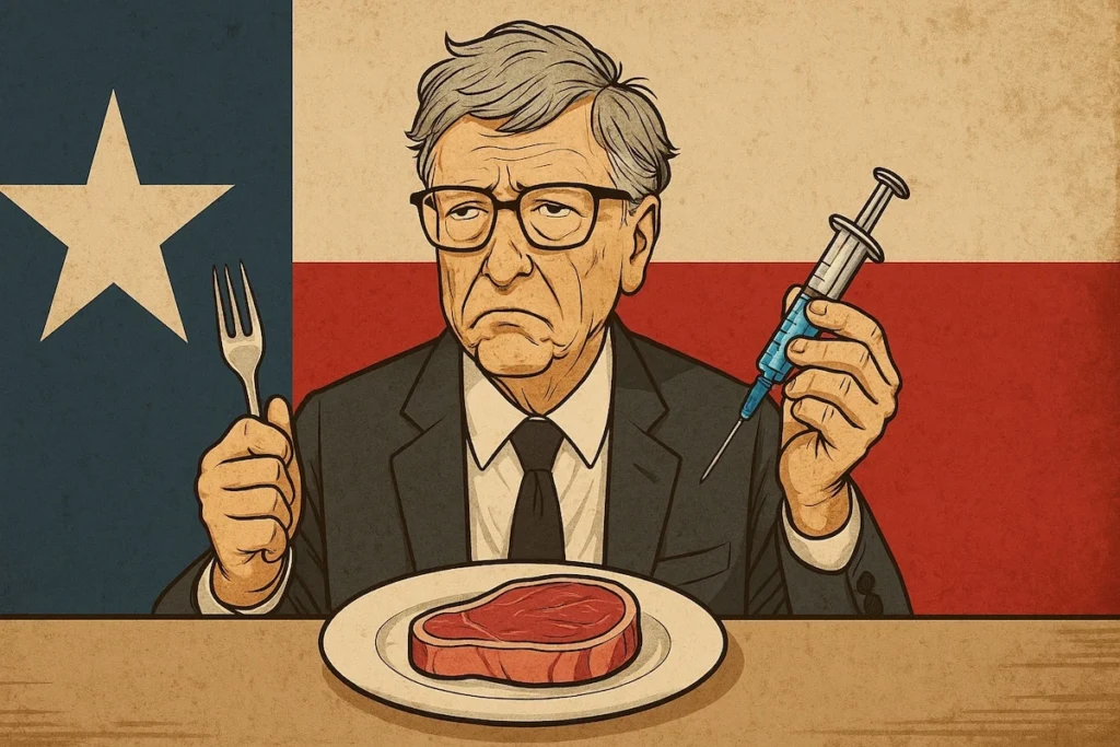 Bill Gates devant une assiette vide, avec une seringue à la place d’une fourchette.
