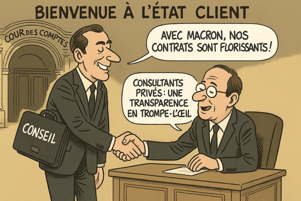 Une caricature d’un fonctionnaire remplaçant son bureau par un consultant en costume-cravate, Cour des comptes en arrière-plan.