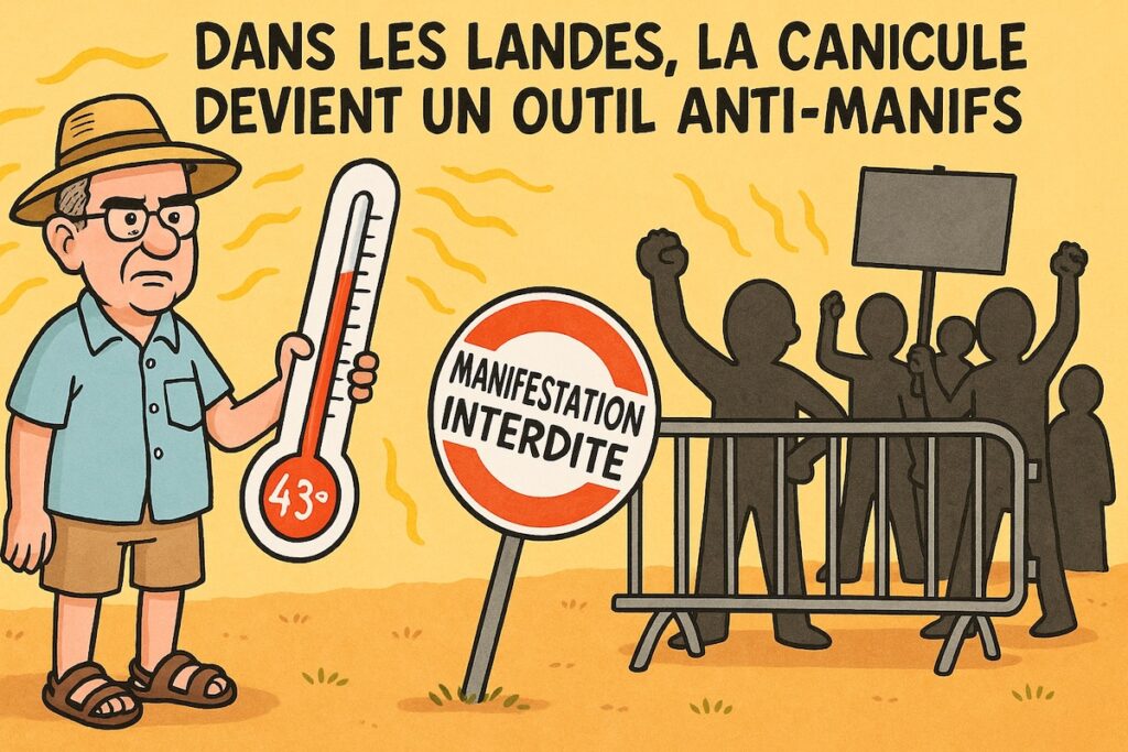 Caricature du préfet des Landes en short tenant un thermomètre à 43 °C devant une foule barrée “manifestation interdite”.
