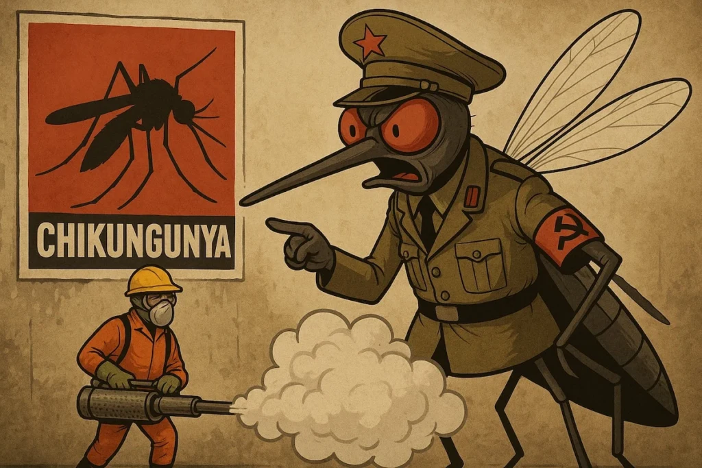 Agent sanitaire pulvérisant de l’insecticide pour lutter contre le chikungunya en Chine.