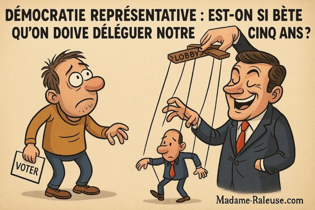 Élu en costard tirant les ficelles d’un électeur-marionnette