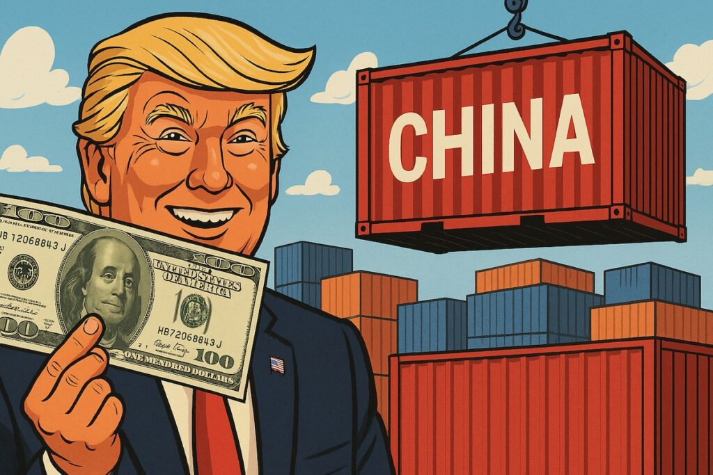 Donald Trump souriant avec un billet de 100 $ devant un container chinois.