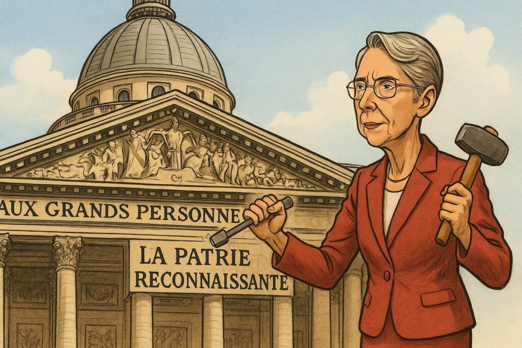 Panthéon avec la devise « Aux grands hommes la patrie reconnaissante » remplacée par une version inclusive