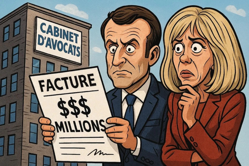 Caricature des Macron devant un cabinet d’avocats américain avec une facture géante.