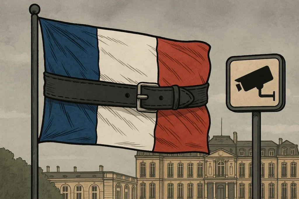 Drapeau français bâillonné flottant devant l’Élysée