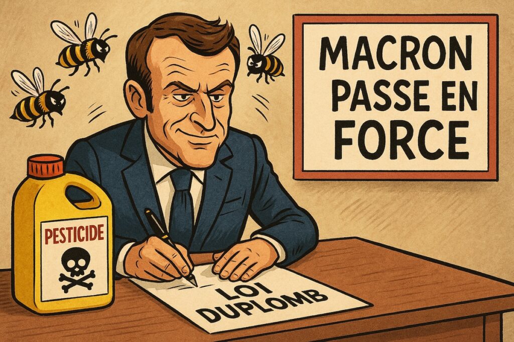 Macron signant la loi Duplomb, un pot de pesticide sur son bureau et des abeilles en colère autour.