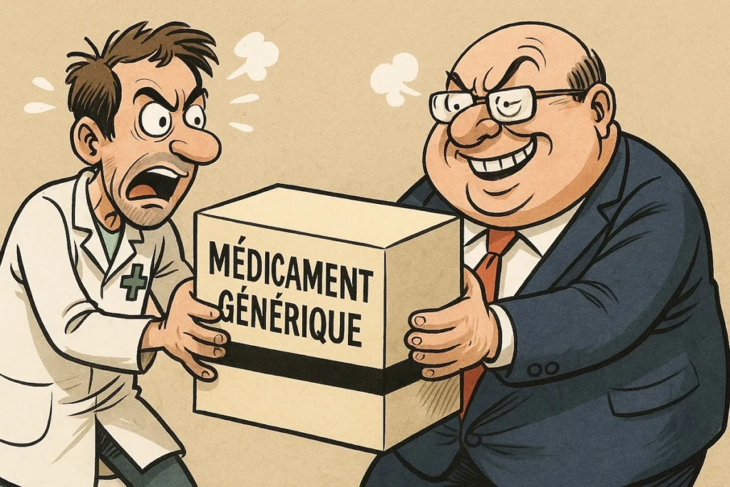 Caricature d’un pharmacien et d’un patron de labo se disputant une boîte de génériques.