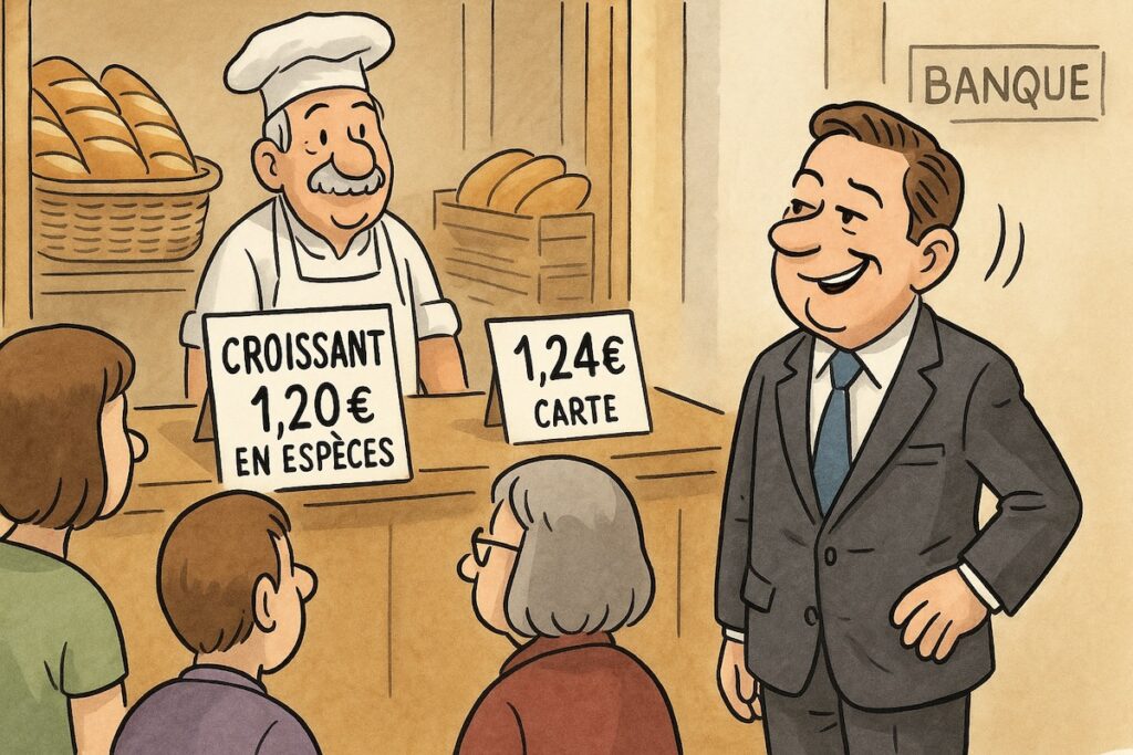 Boulanger affichant deux prix pour sa baguette : un pour le paiement en espèces, un plus cher pour le paiement en carte.