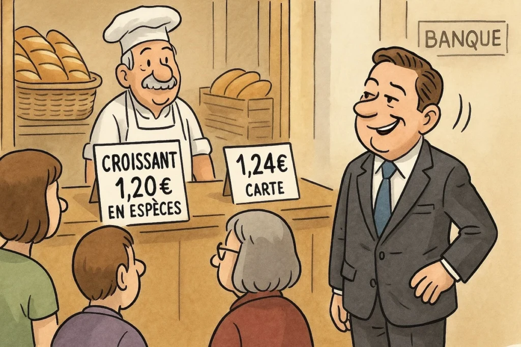 Boulanger affichant deux prix pour sa baguette : un pour le paiement en espèces, un plus cher pour le paiement en carte.