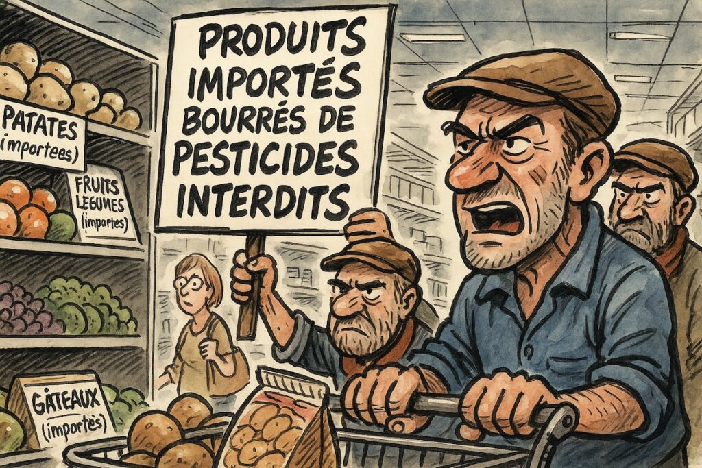 agriculteurs dénonçant les produits importés traités avec pesticides interdits en France.