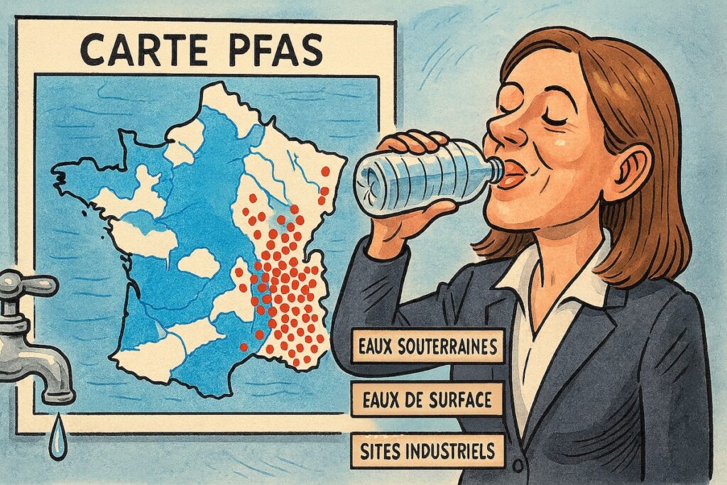 Carte PFAS en ligne sur fond de robinet qui goutte, pendant qu’un ministre se félicite en buvant de l’eau en bouteille.