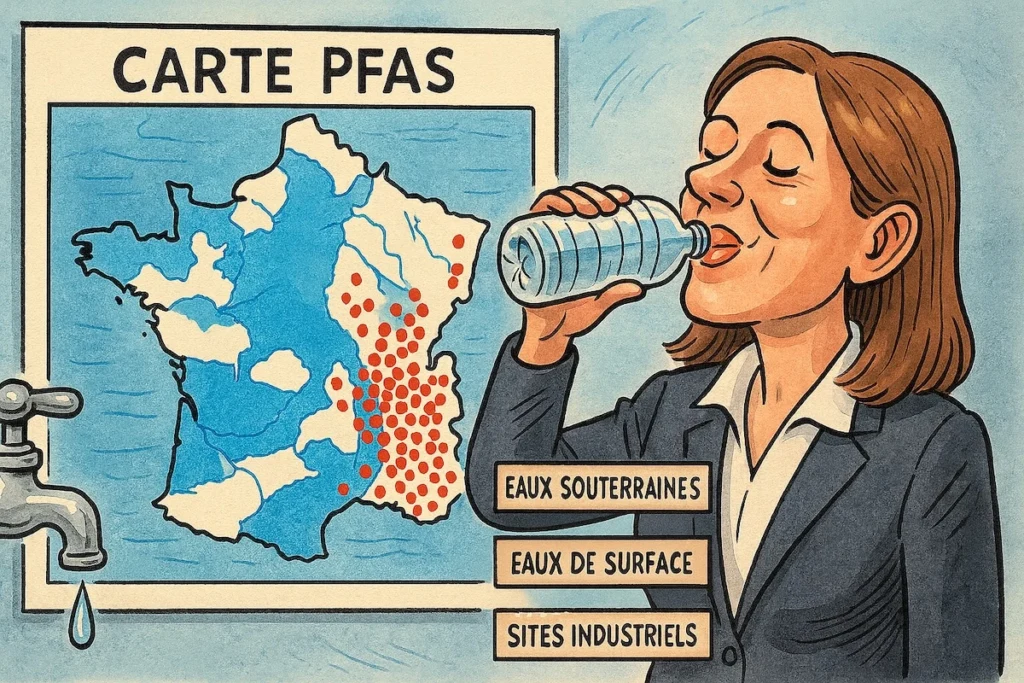 Carte PFAS en ligne sur fond de robinet qui goutte, pendant qu’un ministre se félicite en buvant de l’eau en bouteille.