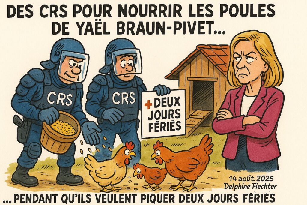 CRS armé donnant du grain à des poules devant la maison de Braun-Pivet