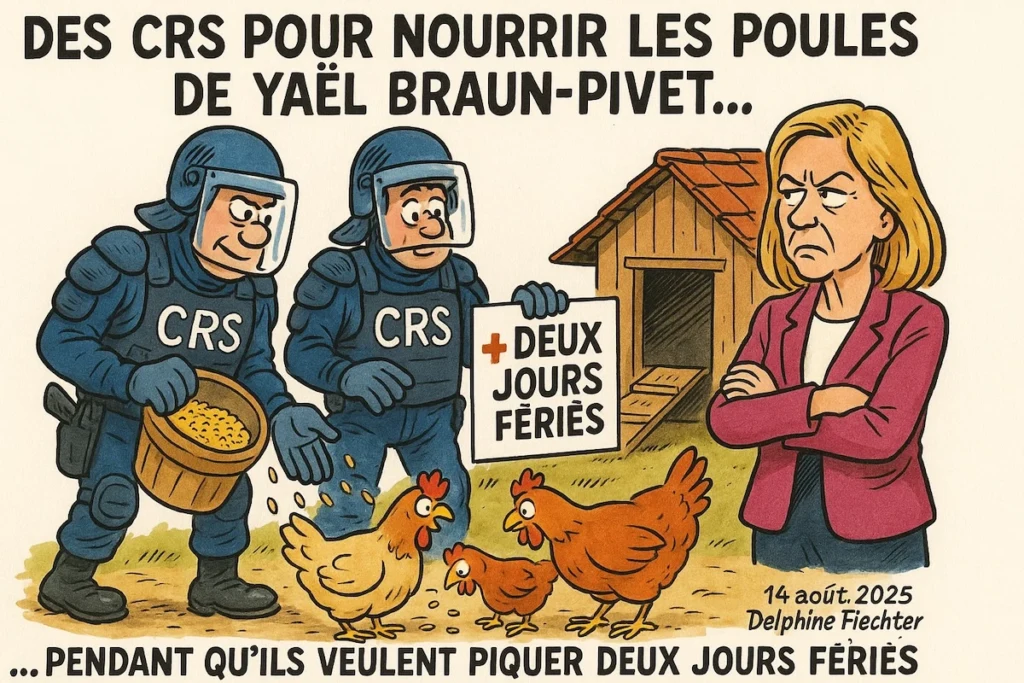 CRS armé donnant du grain à des poules devant la maison de Braun-Pivet