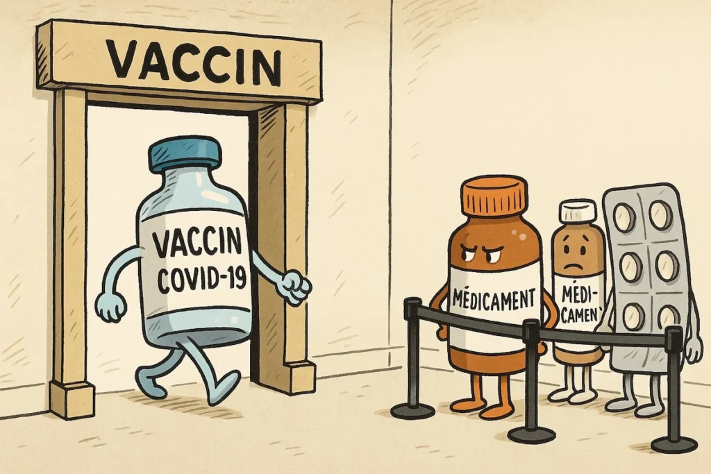 Vaccin Covid entrant par une porte élargie pendant que les médicaments attendent