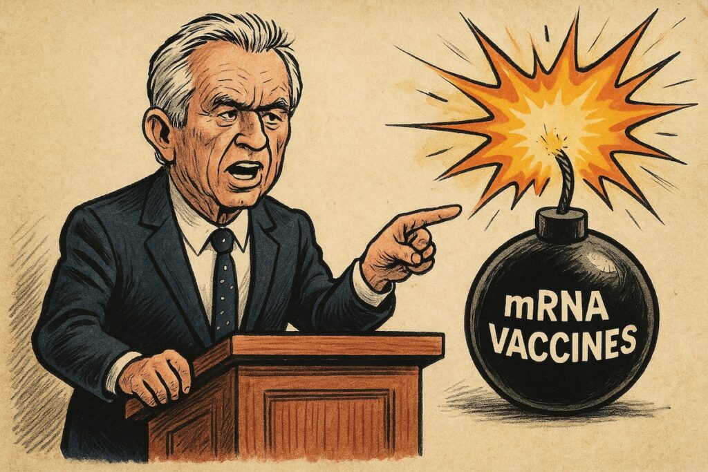 Robert Kennedy Jr. et le Dr Hatfill annonçant l’arrêt du financement des vaccins à ARNm jugés plus risqués que bénéfiques.