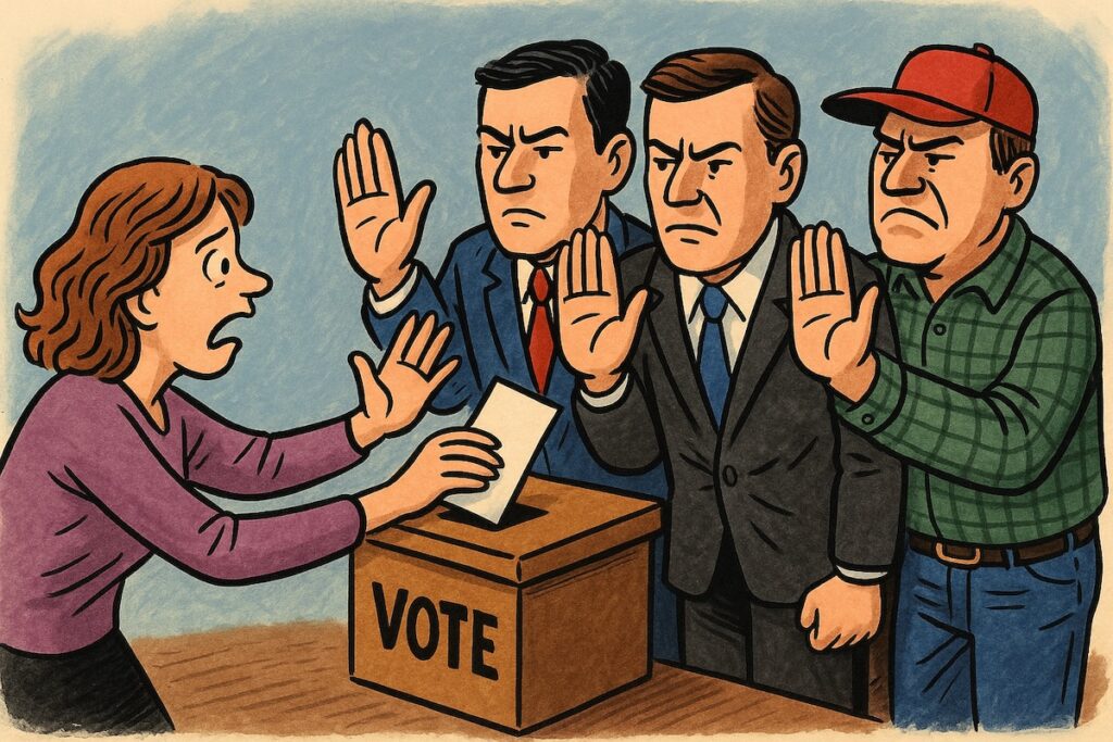Caricature d’urnes électorales où des mains masculines repoussent celles des femmes.