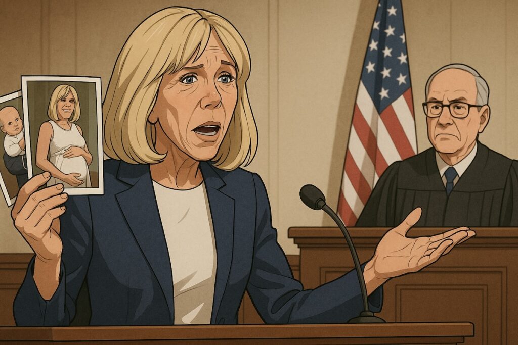 Caricature Brigitte Macron au tribunal US brandissant des photos de grossesse comme preuves