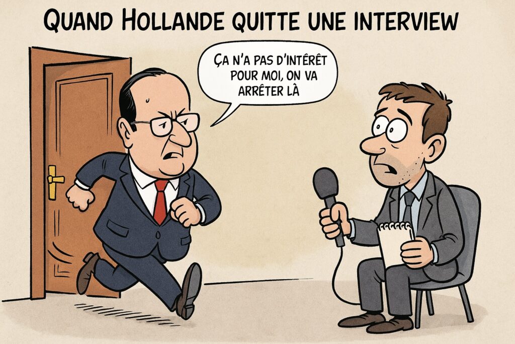 Caricature de François Hollande quittant précipitamment une interview, laissant un journaliste médusé