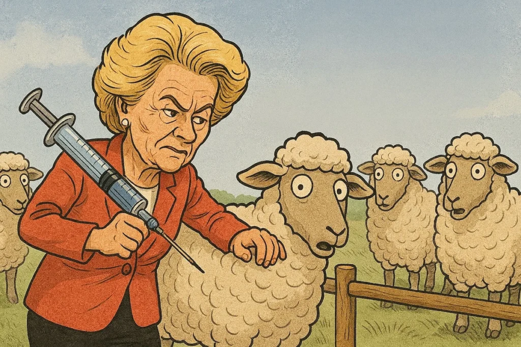 Ursula von der Leyen devant des seringues, symbole des vaccins Covid autorisés sans données complètes de sécurité