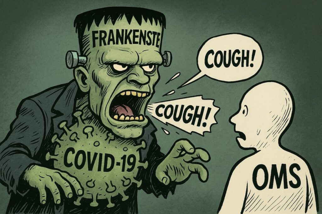 Caricature du variant Covid-19 Frankenstein, monstre de laboratoire effrayant mais ridicule.
