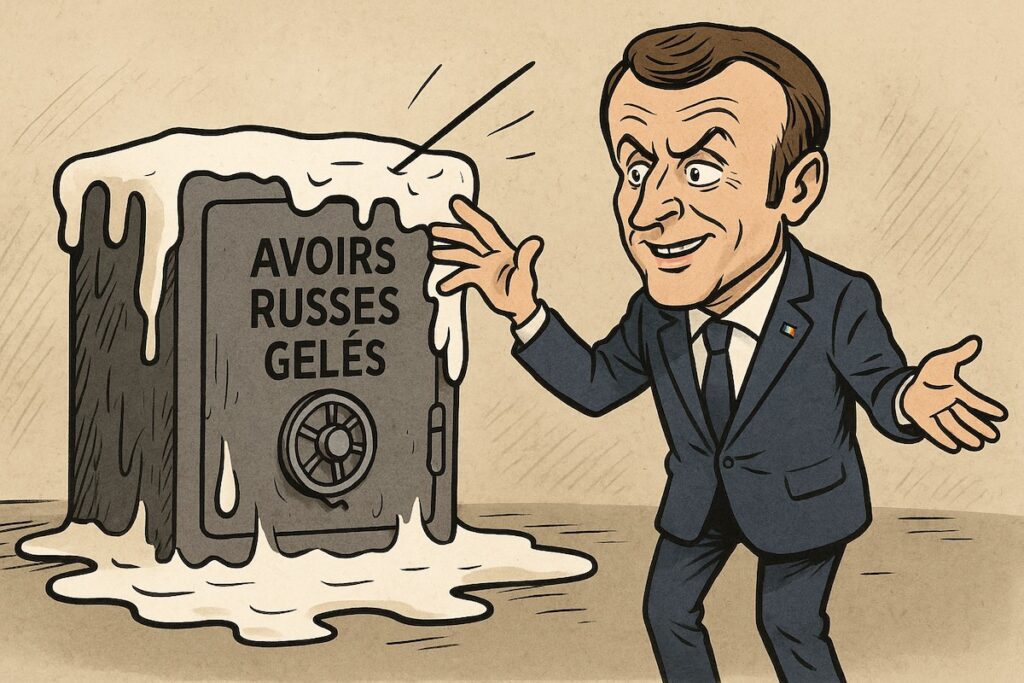 Caricature d’avoirs russes gelés fondant comme neige au soleil sous Macron illusionniste