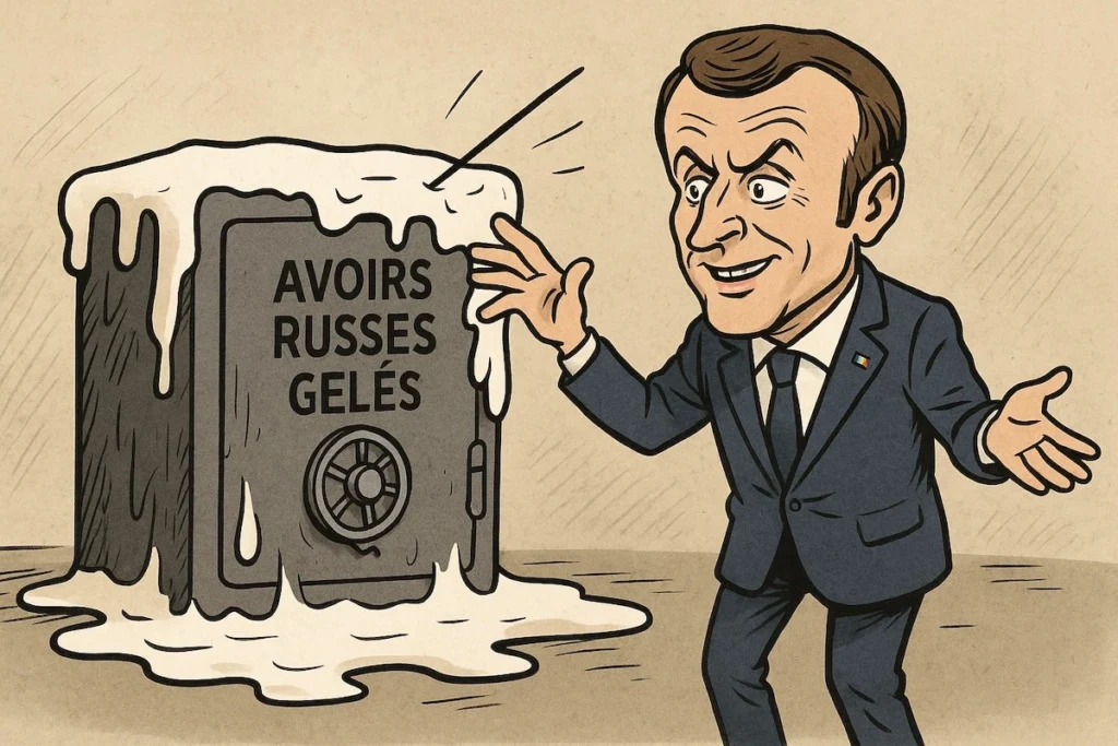 Caricature d’avoirs russes gelés fondant comme neige au soleil sous Macron illusionniste