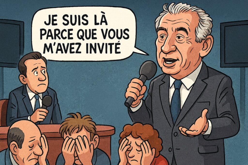 Caricature satirique de François Bayrou répétant « Je suis là parce que vous m’avez invité » sur un plateau télé.
