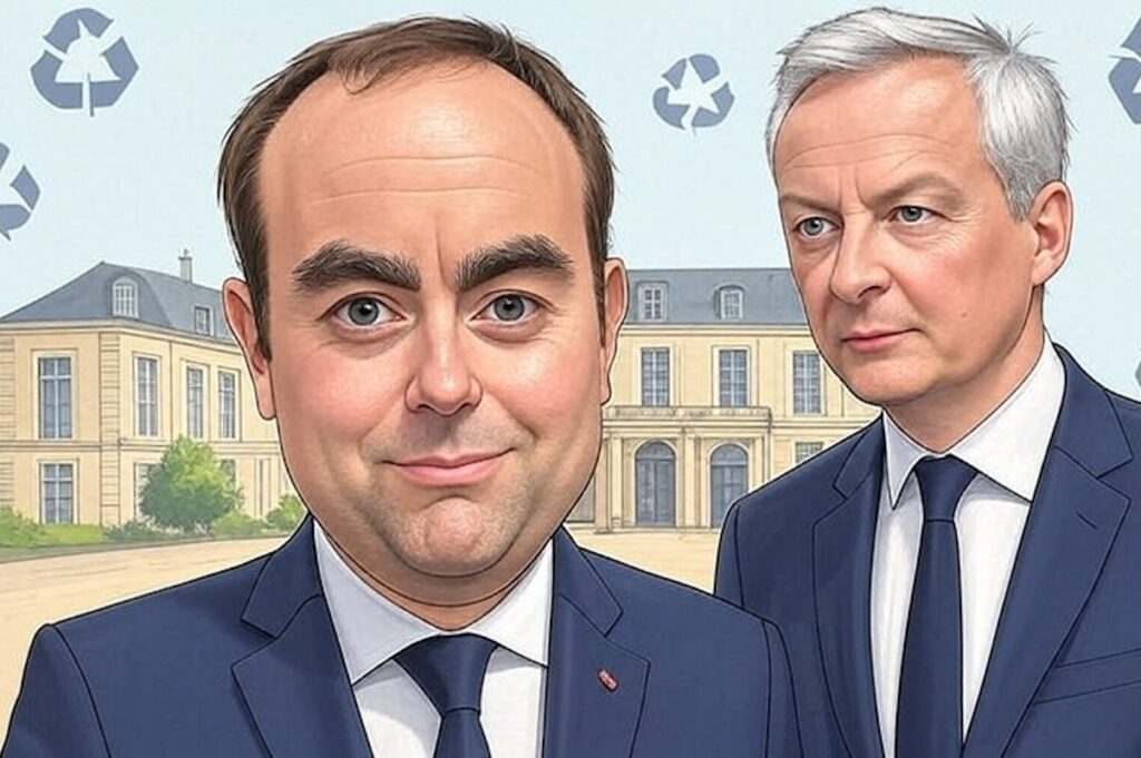 Caricature de Bruno Le Maire en costume-cravate, tenant une valise diplomatique qui fuit des euros, devant le Quai d’Orsay.