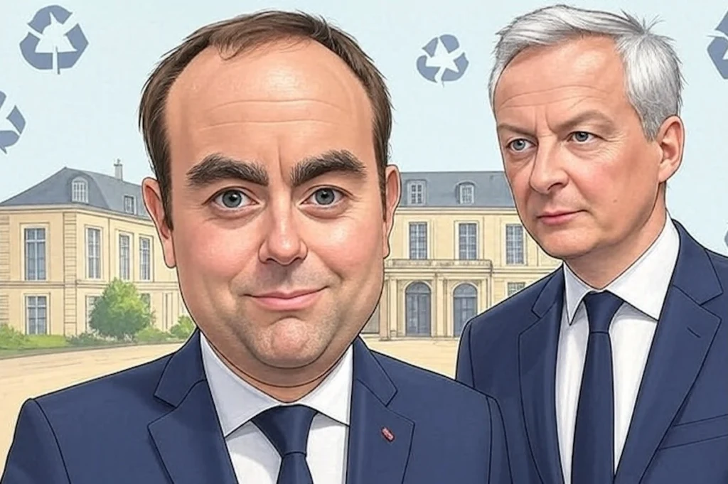 Caricature de Bruno Le Maire en costume-cravate, tenant une valise diplomatique qui fuit des euros, devant le Quai d’Orsay.