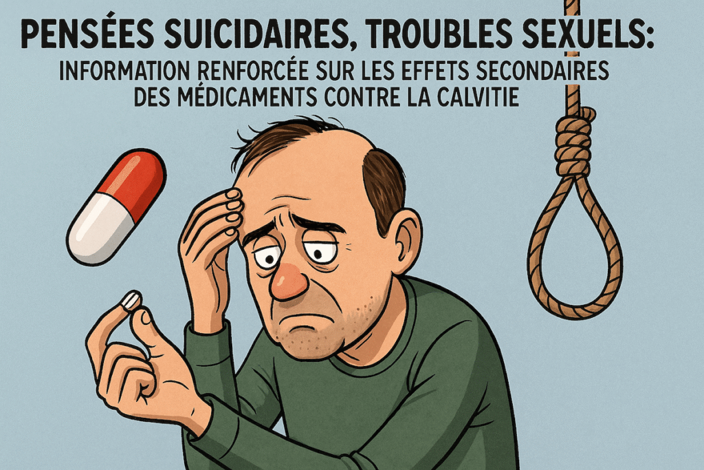 Homme au crâne mi-chevelu, mi-chauve, hésitant entre une pilule et une corde.