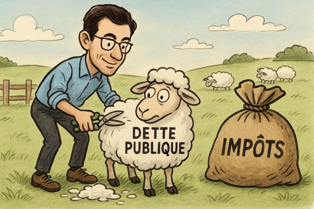 Caricature de Gabriel Zucman tondant un mouton symbolisant les Français pour financer la dette publique.
