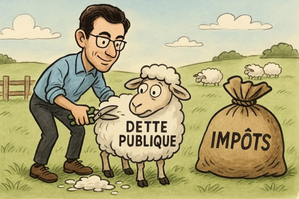 Caricature de Gabriel Zucman tondant un mouton symbolisant les Français pour financer la dette publique.