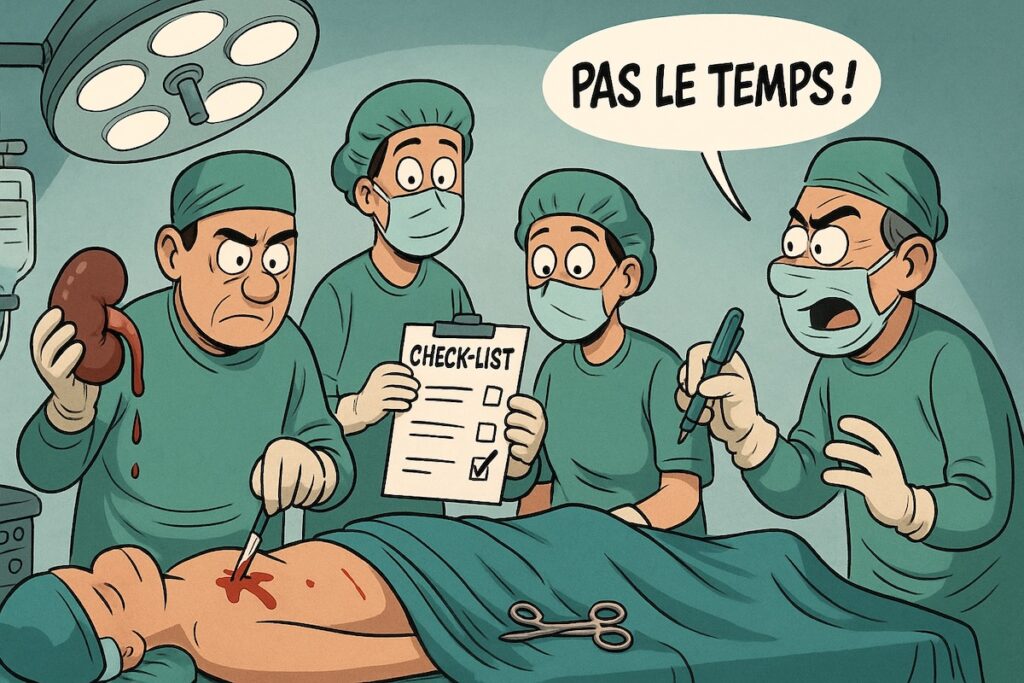 Salle d’opération surchargée illustrant la précipitation des soignants faute de personnel