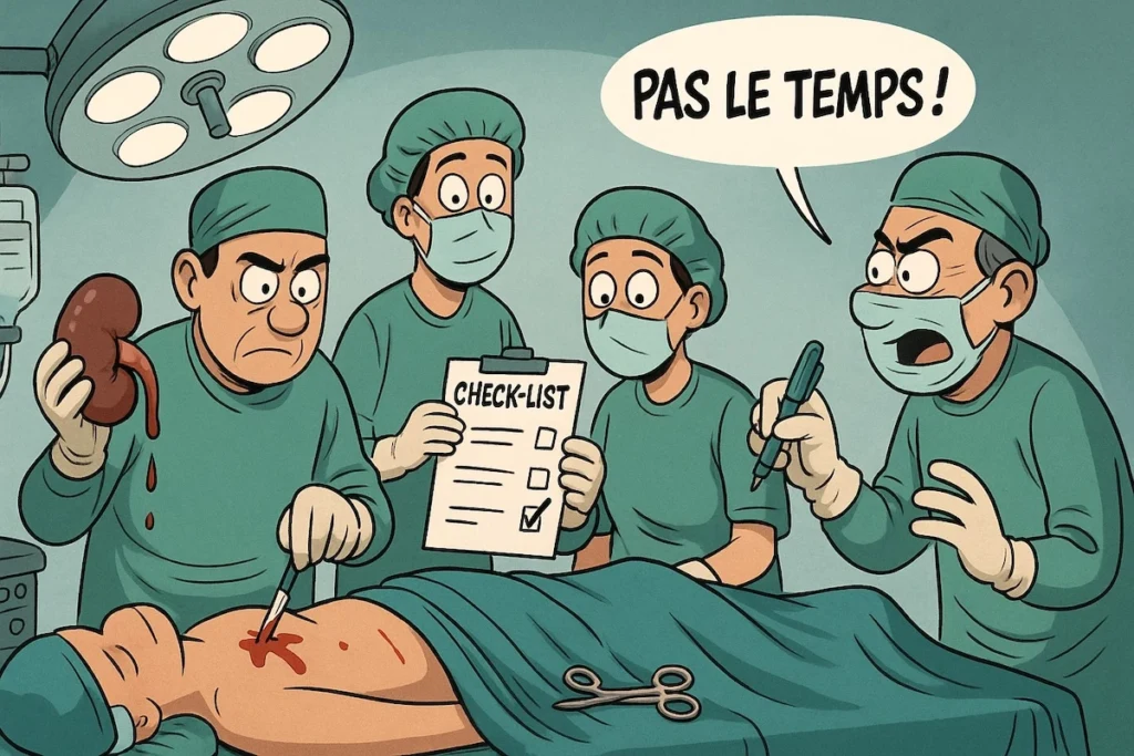 Salle d’opération surchargée illustrant la précipitation des soignants faute de personnel