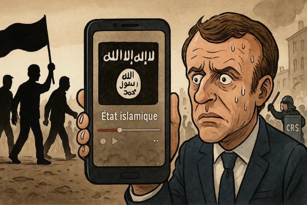 Macron figurant apeuré, CRS cognant des citoyens, écran TikTok « État islamique », République fissurée par la corruption.