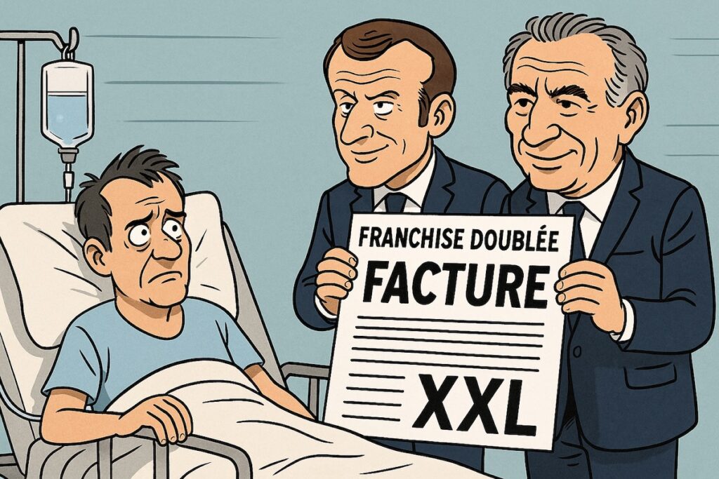 Macron et Bayrou brandissant une facture XXL pour annoncer le doublement caché des franchises médicales