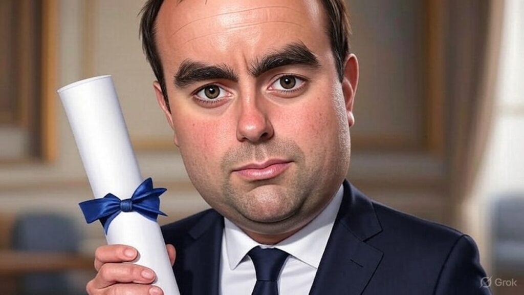 Sébastien Lecornu en conférence de presse, avec en arrière-plan l’idée ironique d’un diplôme fantôme.