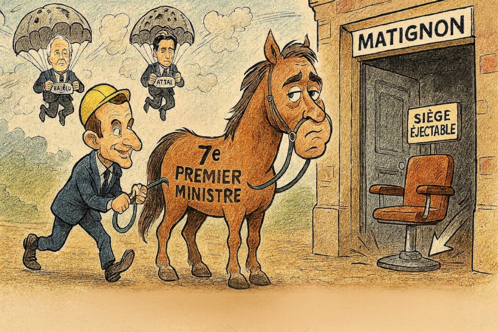 aricature satirique de Macron tenant les rênes de son poulain Lecornu, qui s’élance vers Matignon transformé en siège éjectable.