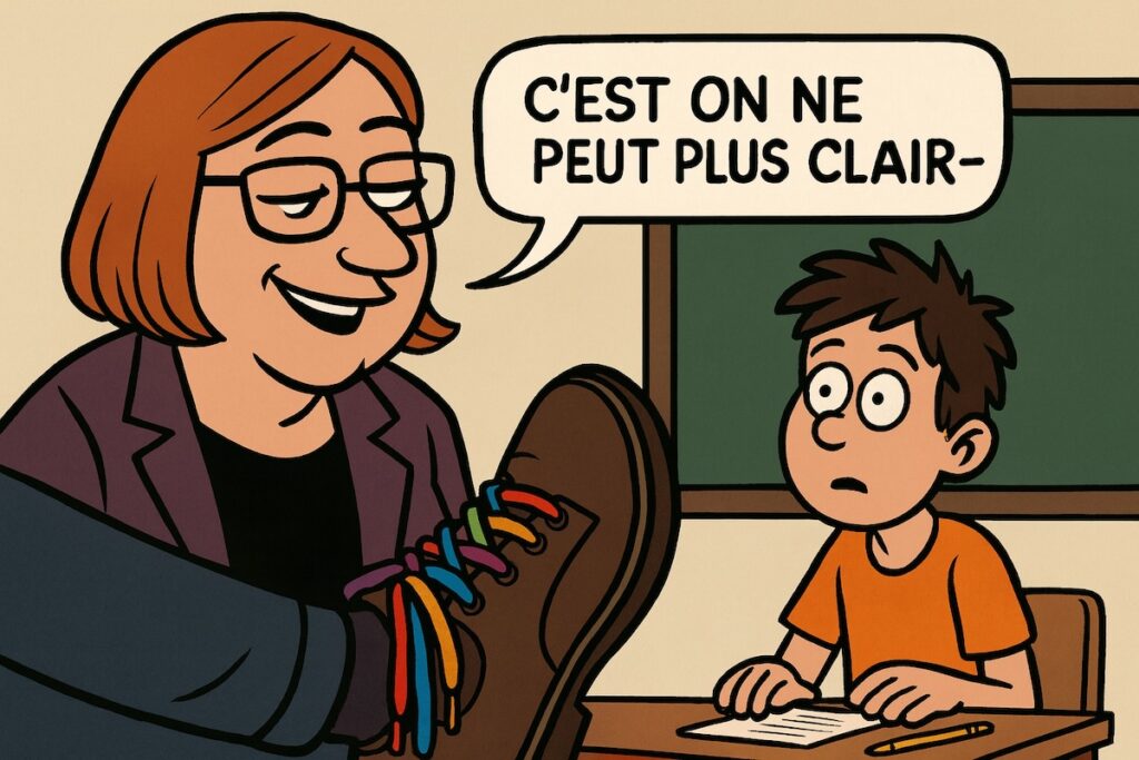 une prof en classe avec des lacets arc-en-ciel, les élèves éberlués, tableau noir marqué « Neutralité ? » barré.
