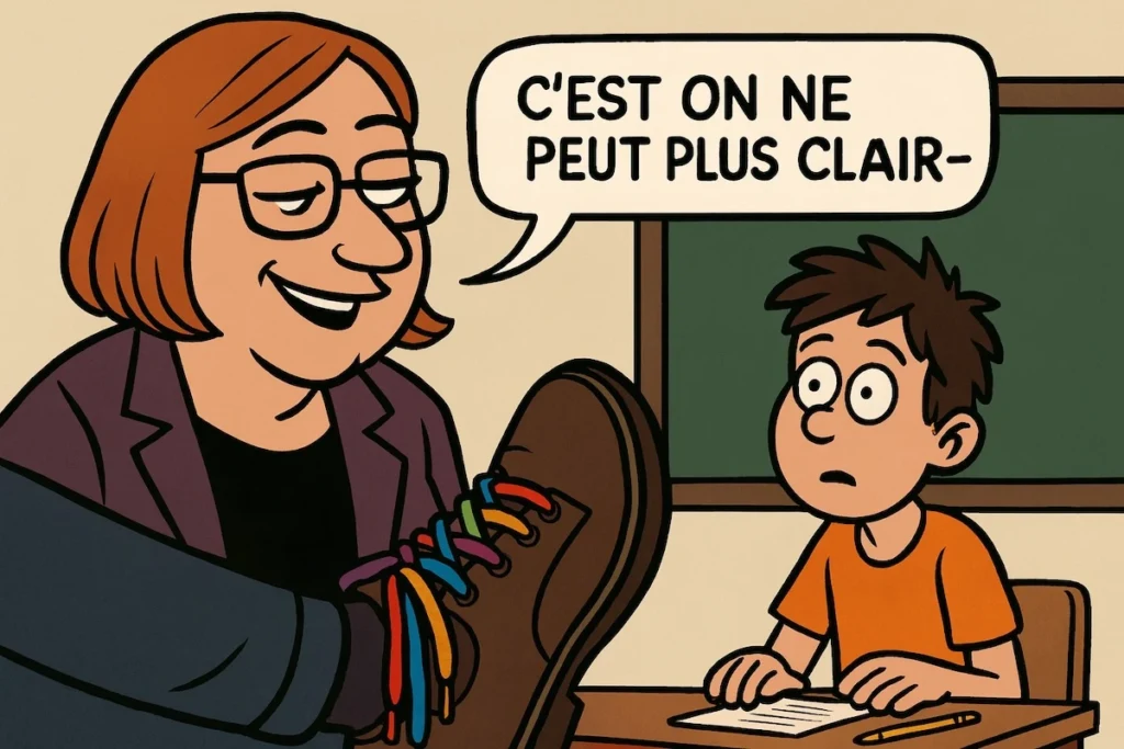 une prof en classe avec des lacets arc-en-ciel, les élèves éberlués, tableau noir marqué « Neutralité ? » barré.