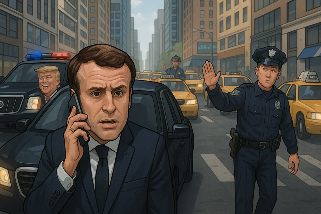 Macron coincé dans son cortège à New York, téléphone en main pour appeler Donald Trump