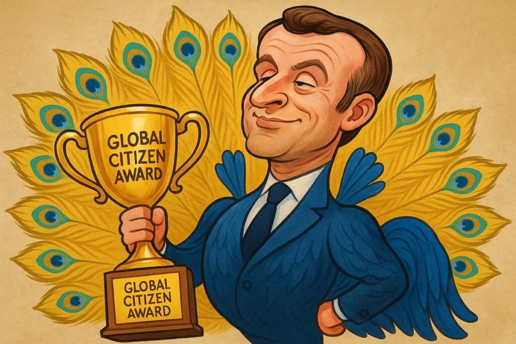 Caricature de Macron en paon doré recevant un prix Global Citizen Awards.