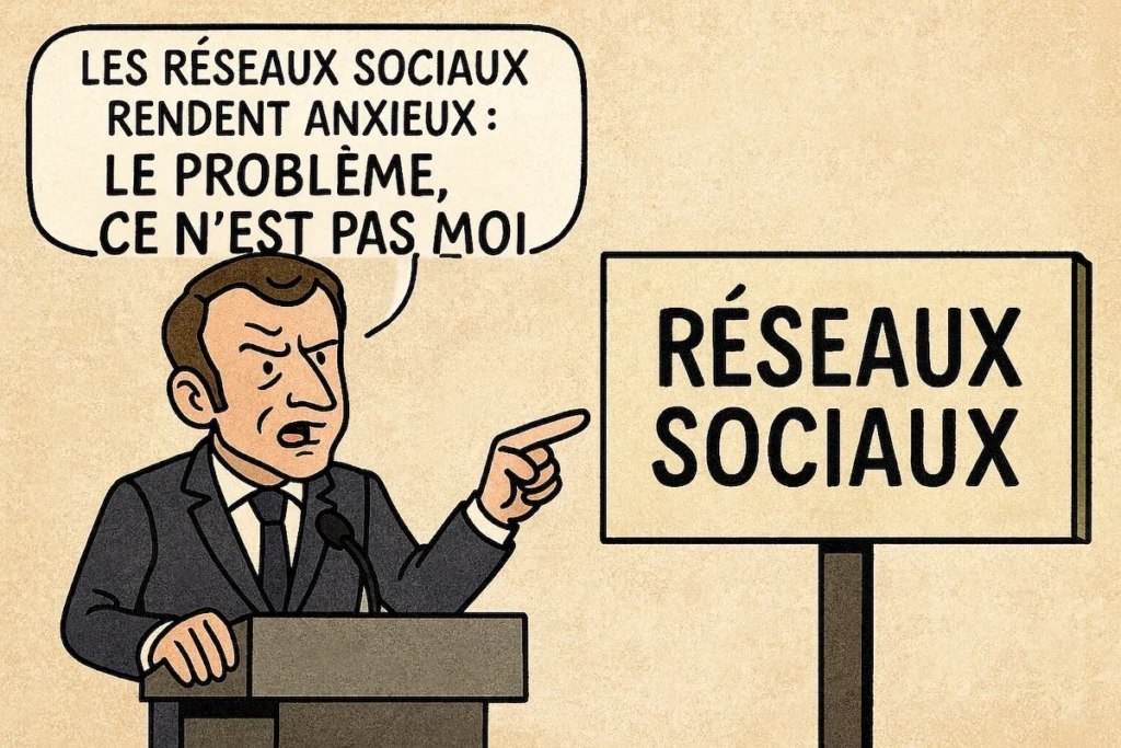 Emmanuel Macron accusant les réseaux sociaux d’être responsables de l’anxiété des Français