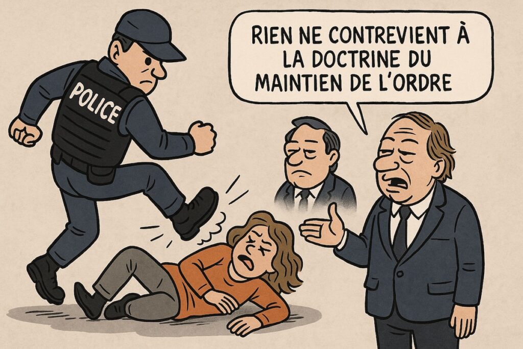 Policier en uniforme donnant un coup de pied à une femme au sol, caricature satirique sur la violence policière