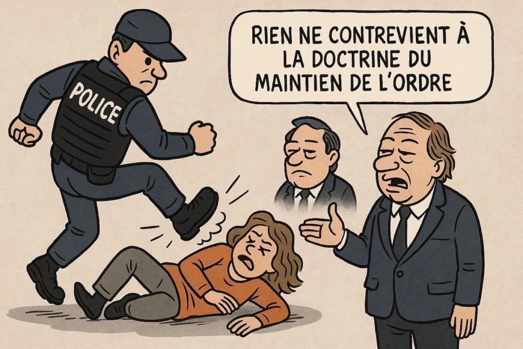 Policier en uniforme donnant un coup de pied à une femme au sol, caricature satirique sur la violence policière