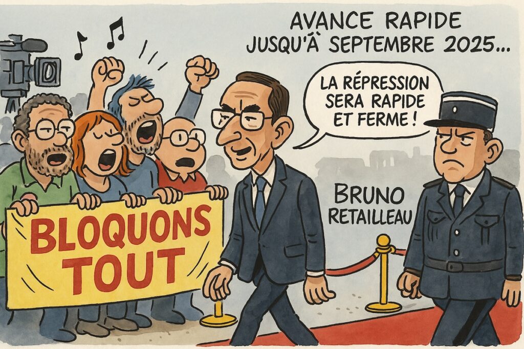 Caricature satirique montrant des marionnettistes tirant les ficelles du mouvement « Bloquons tout » du 10 septembre.