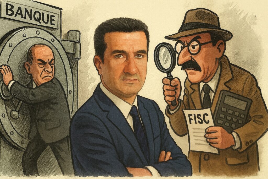 Caricature orwellienne : un banquier ferme une porte de coffre, pendant que le fisc traque un citoyen avec une loupe.
